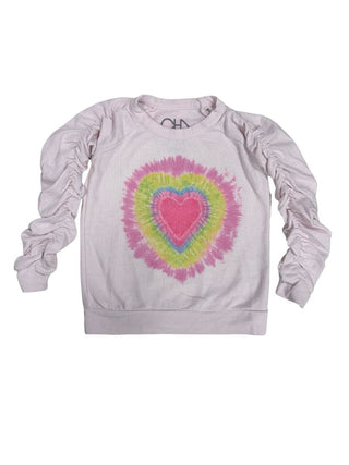 Chaser Tie Dye Heart Sweatshirt with Ruched Sleeves, 6 years