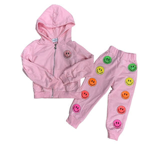 Mini Dreamers Pink sweatsuit set with hooded zip-up sweatshirt and sweatpants, smiley sequin patches, 2-3 years