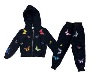 Mini Dreamers Black zip up hooded sweater and sweatpant set with butterfly patches, 2-3 years