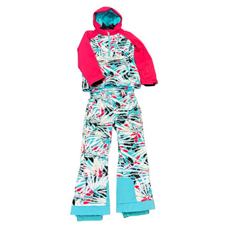 Spyder Ski Jacket and Pant Set with Ski Socks, Gloves, and Base Layer Long Sleeve Shirt in Pink, Teal, and Black Pattern, 10 years