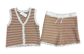 Rylee + Cru Crocheted Pink, Cream and Beige Striped Set, 12 years