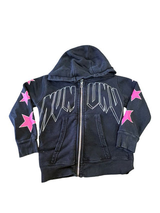 Nununu black zip up sweater with pink stars on sleeves, 3-4 years