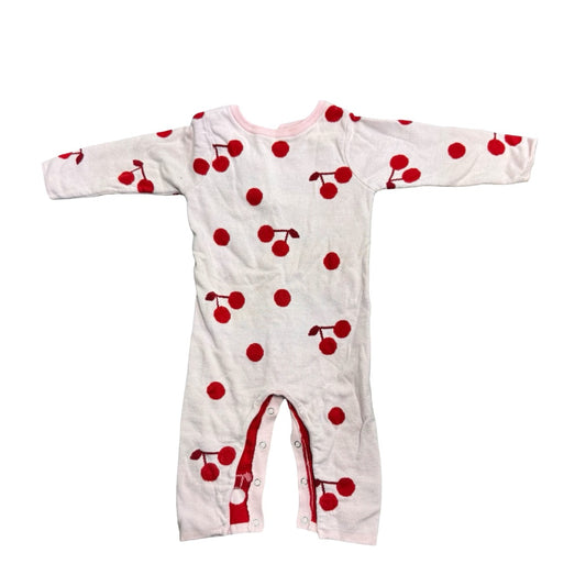 Jacadi Pink w/red cherries knit play suit, 12 months