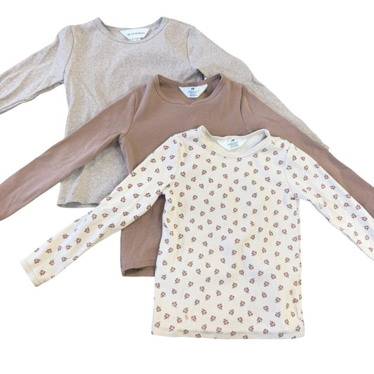H&M Set of 3 Tan/brown/floral ribbed long sleeve, 6-8 years