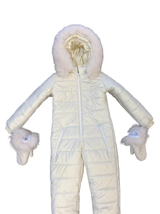 Private label White iridescent snowsuit with gloves and fanny pack, 10 years