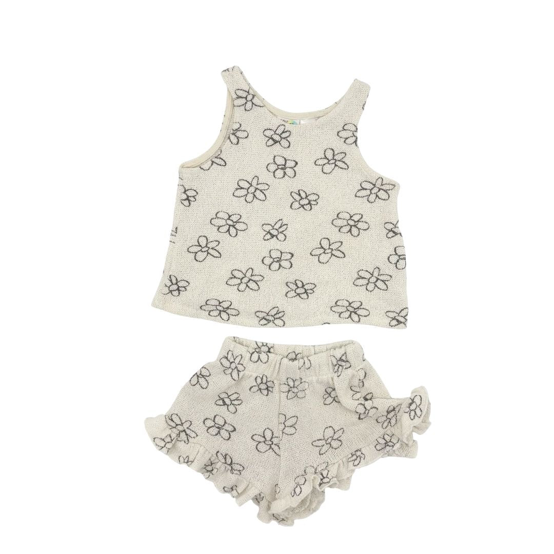 Zara Cream with Flower Outline Tank Top and Short Set, 3-4 years