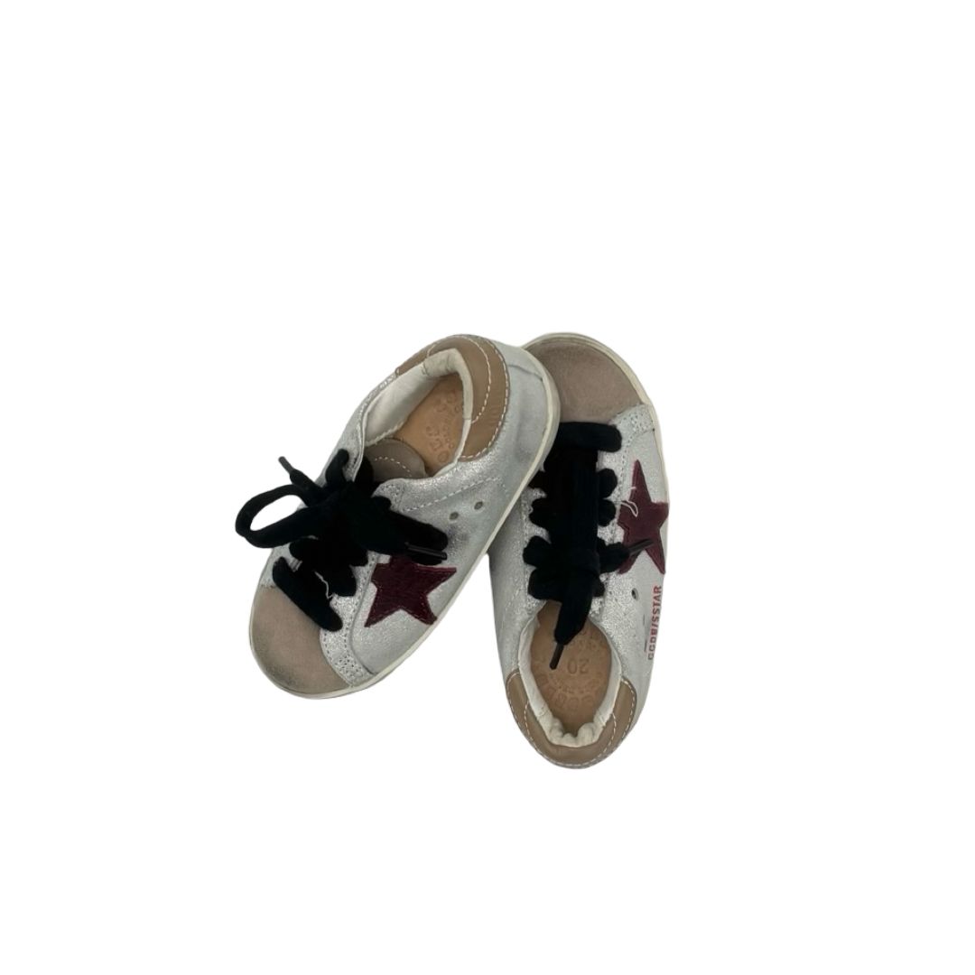 Golden Goose Silver Sparkly Shoes with Burgundy Star, eu 20 little kid