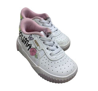 Puma White Puma Sneakers with Pink and Green Details, Flowers and Butterfly, 5 little kid