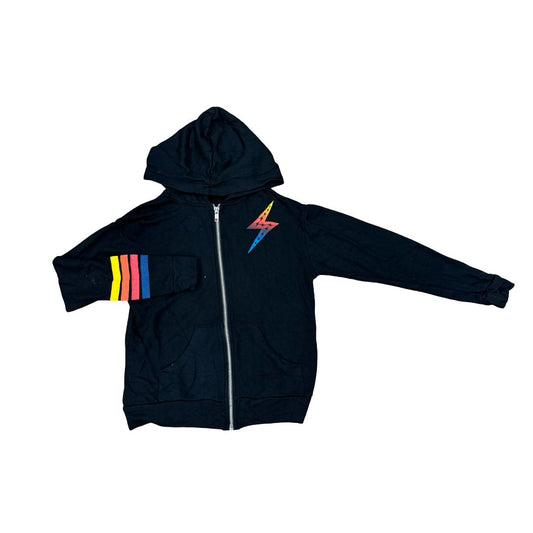 Flowers By Zoe Black Hooded Zip Up with Rainbow Lightning Bolt and Stripes, medium