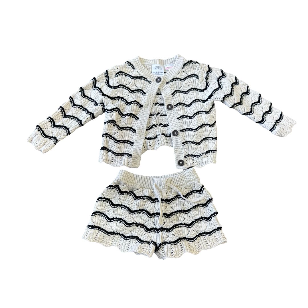 Zara Eyelet Scalloped Knit Cardigan and Shorts in Black and Cream Striped, 12-18 months