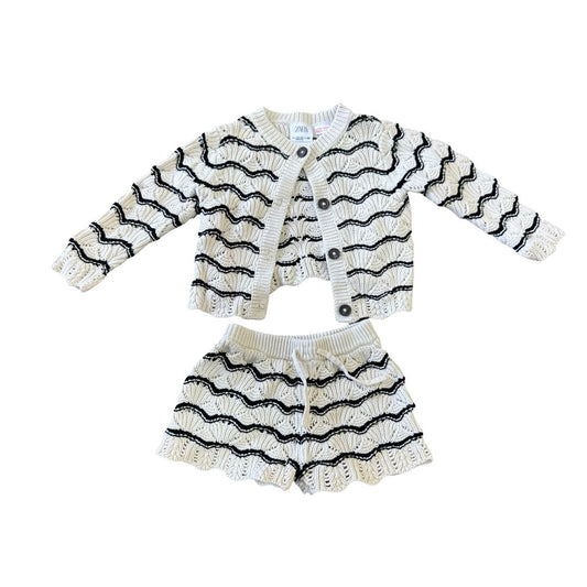 Zara Eyelet Scalloped Knit Cardigan and Shorts in Black and Cream Striped, 12-18 months
