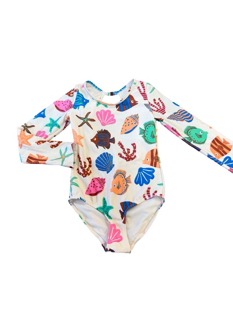 H&M one piece swimsuit with seashells all over, 6-8 years