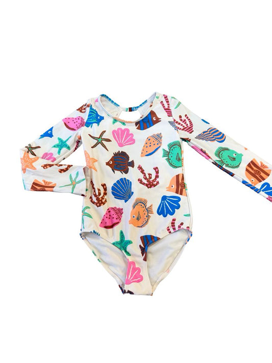H&M one piece swimsuit with seashells all over, 6-8 years