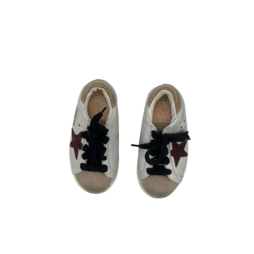Golden Goose Silver Sparkly Shoes with Burgundy Star, eu 20 little kid