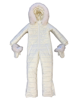 Private label White iridescent snowsuit with gloves and fanny pack, 10 years