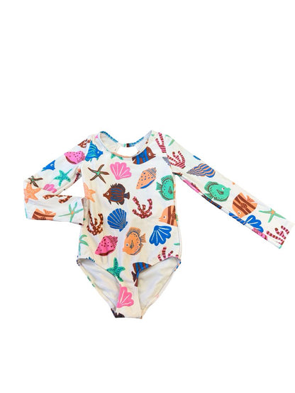 H&M one piece swimsuit with seashells all over, 6-8 years