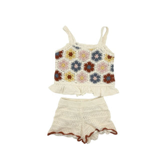 Zara Cream Boho Style Floral Tank Top with Short Set, 3-4 years