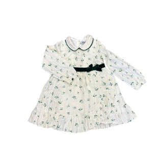 Dr. Kid White Dress with Green Flowers and Green Velvet Bow, 36 months