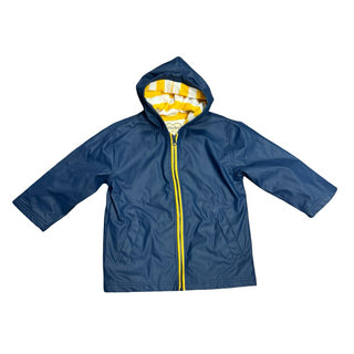Hatley Navy Raincoat with Yellow Accent and Yellow and White Striped Terricloth Lining, 4 years