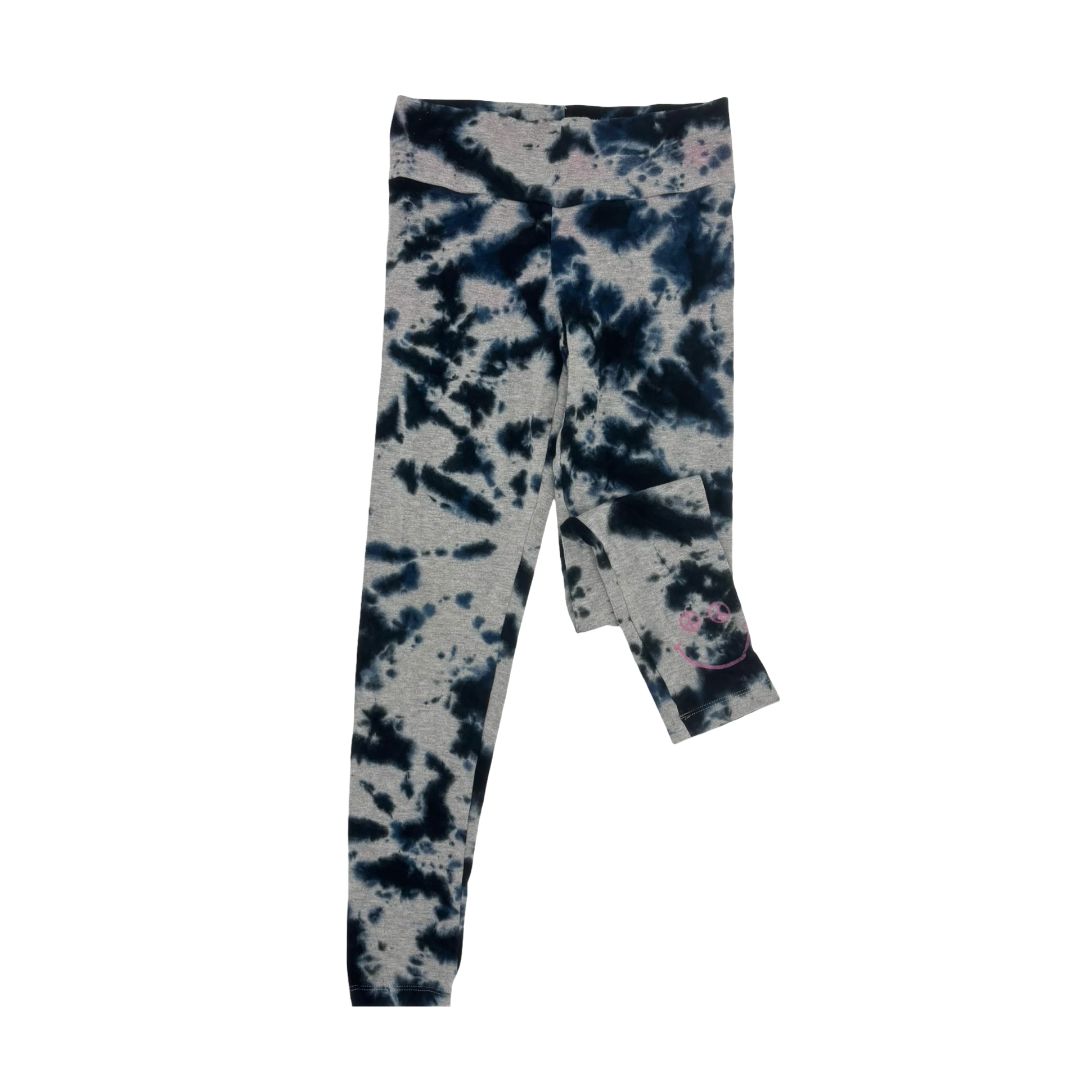 Flowers By Zoe Blue and Grey Tie-Dye Leggings with Pink Smiley Face, medium