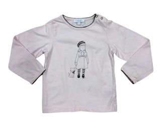 Jacadi Pale Pink Longsleeve Tee with GIrl and Cat Graphic , 3 years