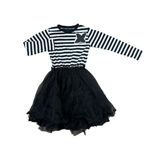 Nununu Black and White Striped Long Sleeve Dress with Black Skirt, 6-7 years