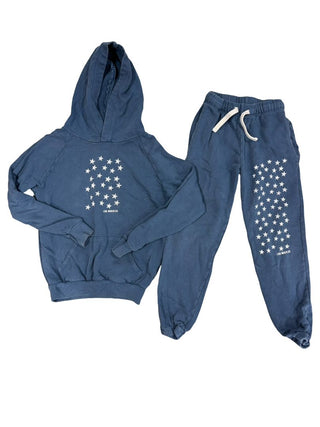 Los Angeles Apparel Blue hooded sweatshirt and sweatpant set in medium blue with white stars and Los Angeles Logo, 10 years