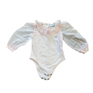 Monnalisa Pink onesie w/linen sleeves and collar, 3-6 months