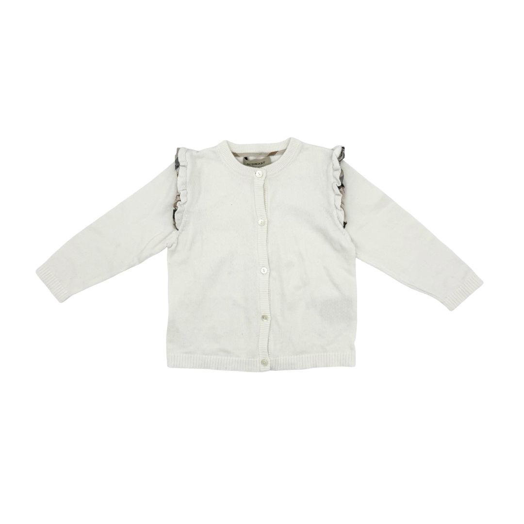 Burberry White Button Cardigan with Shoulder Frill, 2 years