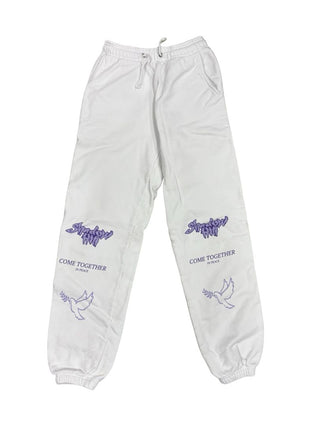 Shadow Hill White sweatpants with purple graphics, XS