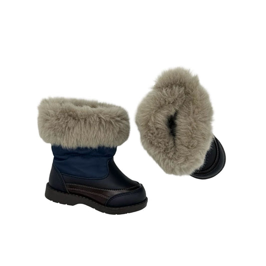 Dave & Belle Navy Boots with Brown Lining and Faux Fur Cuff, eu 19 little kid
