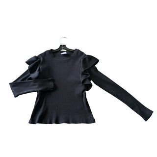 Zara Black Long Sleeve Ribbed Shirt with Ruffle Over the Shoulders, 9 years